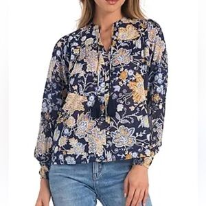 Elan Navy and Gold Floral Print Peasant Blouse NWT Oversized